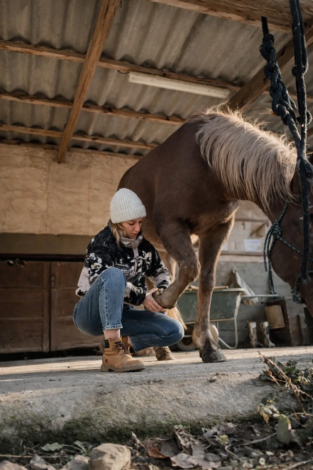 Julianne en séance avec un cheval en écurie